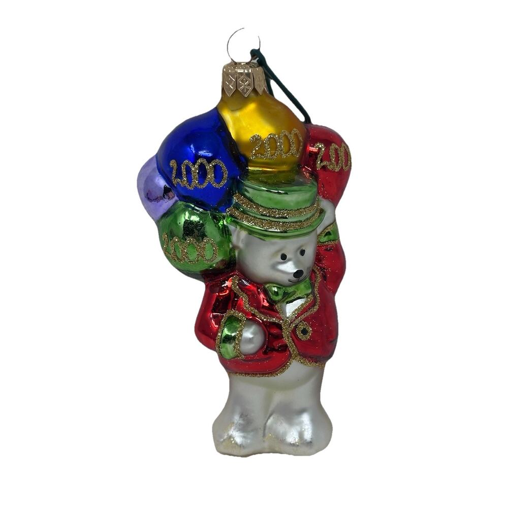 Vintage Blown Glass Ornament Bear With Balloons Year 2000 - 5.5” Multicolor